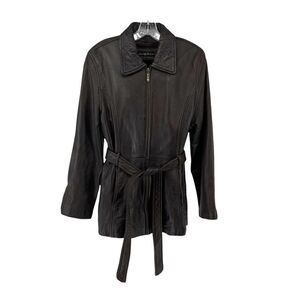 Knoles & Carter Leather Jacket Vintage Brown Belted Full Zip Size L Mid Length